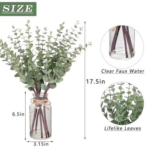 17.5-Inch Artificial Eucalyptus Stems in Glass Vase with Faux Water