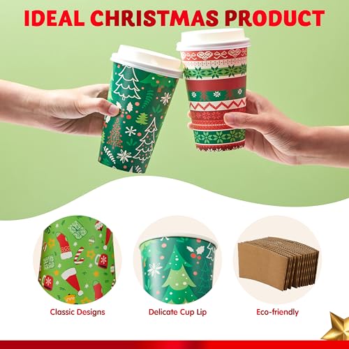 Bright Christmas Disposable Paper Cups 16 oz - 24 Pack with Lids & Sleeves