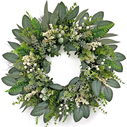 24-Inch Artificial Eucalyptus Wreath with Berries for Front Door Decor