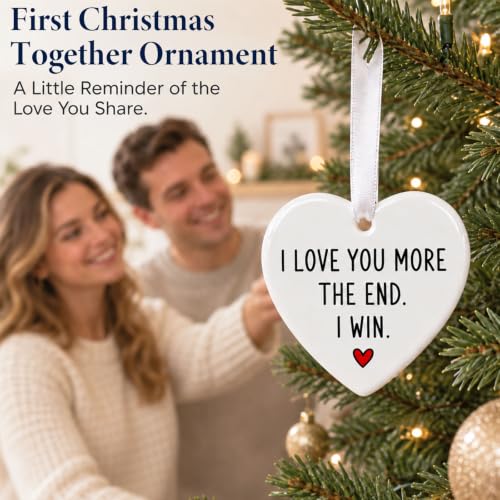 Personalized I Love You More Christmas Ornament - 3 Inch Ceramic Heart for Couples