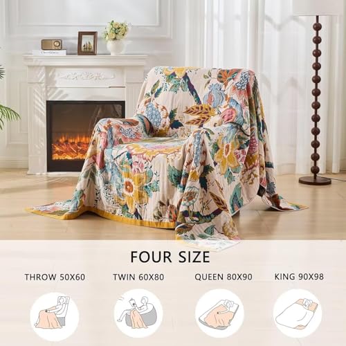 Boho Cotton Muslin Throw Blanket, Reversible Woven Farmhouse Bedspread 50x60