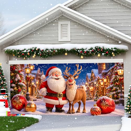 THISFIND 7x16 FT Santa & Reindeer Christmas Garage Door Banner - Outdoor Wall Mural