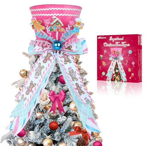 Pink Gingerbread Christmas Tree Topper Hat with Bow - Velvet Candy Cane Imitation