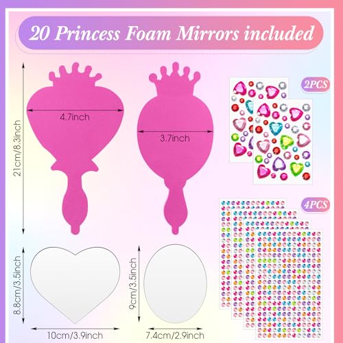 20 Pcs DIY Kids Princess Foam Mirror Craft Kit with Rhinestone Stickers