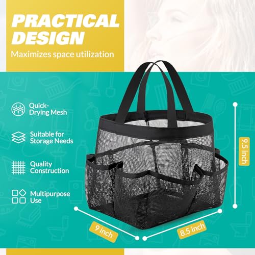 Mesh Shower Caddy Portable College Dorm Essentials with 8 Pockets Black