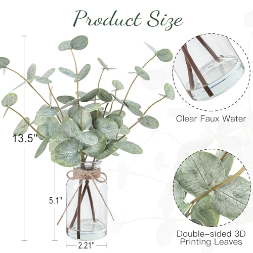 Artificial Eucalyptus Stems in Glass Vase with Faux Water, 13.5" Centerpiece