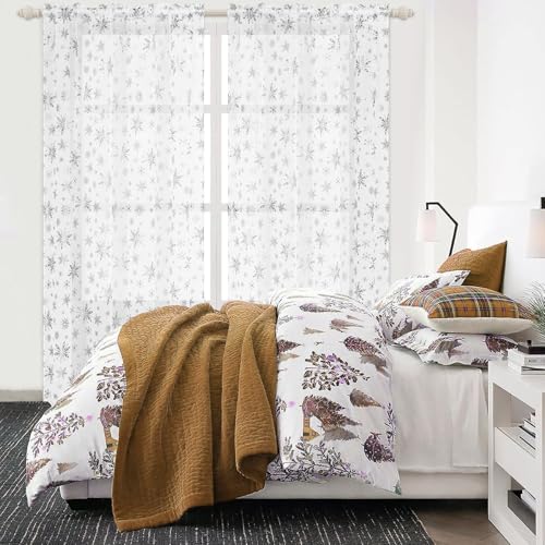FRAMICS White-Silver Foil Snowflake Sheer Curtains for Christmas, 52W x 84L, 2 Panels with Rod Pocket