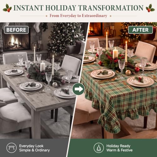 Green Christmas Plaid Ruffled Tablecloth 52x70 Inch for Holiday Dining - Mindsoft