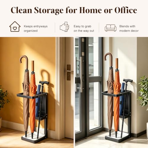 Metal Umbrella Stand for Entryway with Drip Tray and Compact Rack