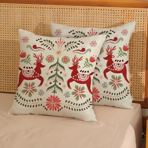 DAFENA 18x18 Inch Red Green Deer & Christmas Tree Holiday Throw Pillow Covers - Pack of 2