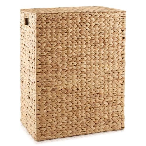 Large Woven Water Hyacinth Laundry Hamper with Lid and Removable Liner