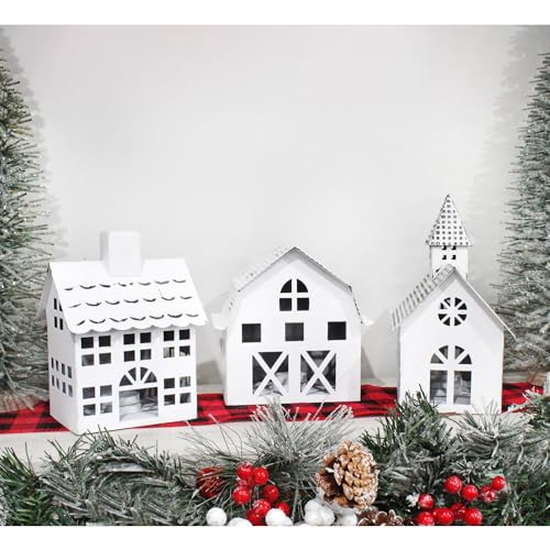 White Metal Farmhouse Christmas Village Set of 3 Candle Lantern Houses