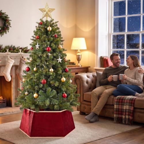 26-Inch Red Velvet Christmas Tree Skirt with Gold Trim & Fasteners