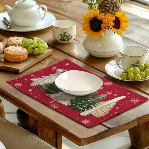 Wnoesat Red Christmas Tree Placemat Set of 4, 12x18 Inch Linen Holiday Decor