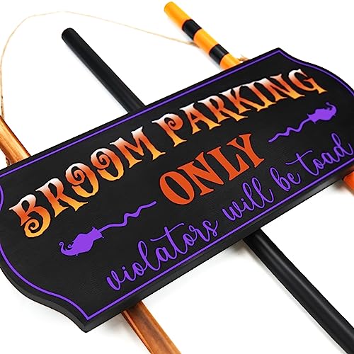 Halloween Broom Parking Sign with 3 Wooden Witch Brooms - Porch Wall Decor