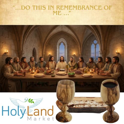 Hand-Carved Olive Wood Communion Set with Oval Bowl and 2 Goblets