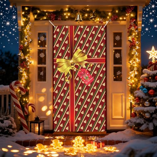 Jobkoo 185x90cm Red Merry Christmas Door Cover Banner - Outdoor/Indoor Gift Box Theme