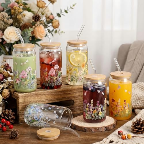 Floral Glass Cups with Bamboo Lids and Straws, 16oz Set of 4