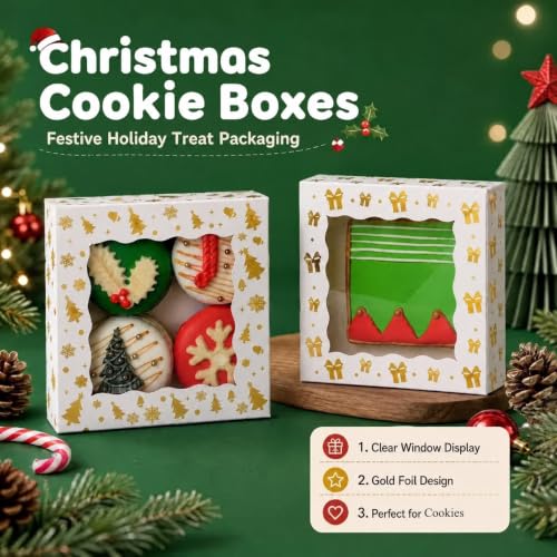 TEMLQPACK White 24 Pack Gold Foil Christmas Cookie Boxes 4.3x4.3x1.2 Inches