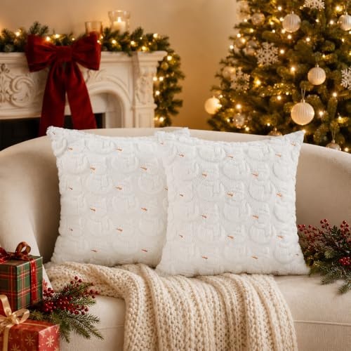 CAIBO 2-Pack Christmas Snowman Pillow Covers 18x18 Inches Faux Fur Decor