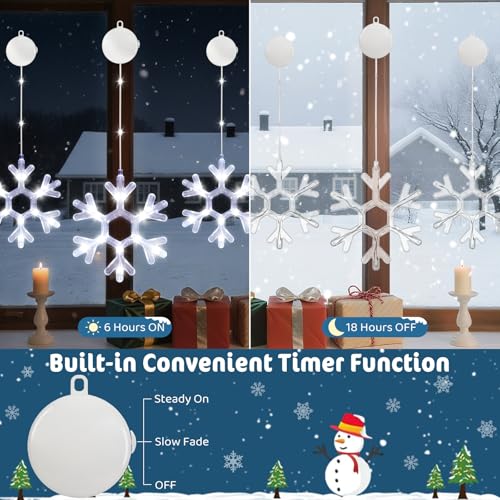Lewondr 3-Pack Christmas Snowflake Window Lights with White LEDs & Timer