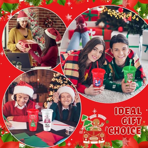 24 Pack Reusable Christmas Tumblers with Lids & Straws, 24oz Holiday Party Cups