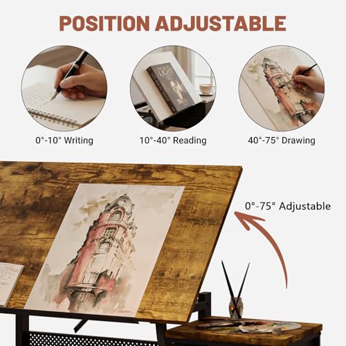Adjustable Drafting Table and Stool Set with 3 Drawers, Black