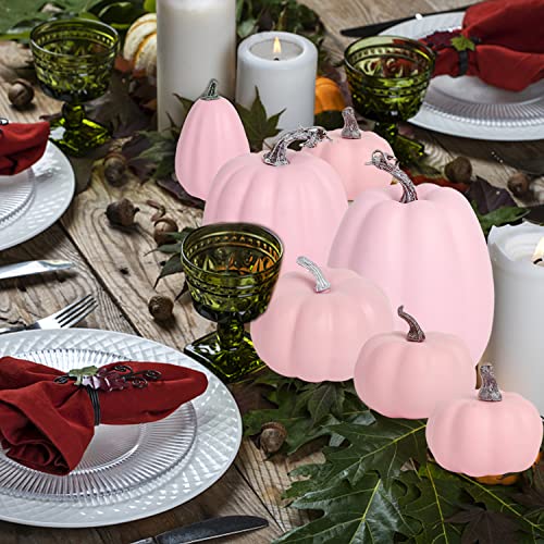 8-Piece Pink Artificial Pumpkin Set, Lifelike Foam Fall Table Decor