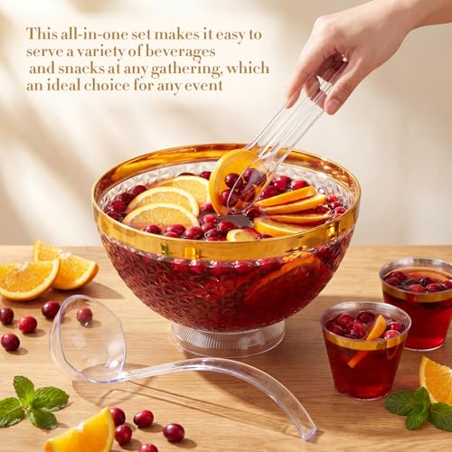 1.4 Gallon Plastic Punch Bowl Set with 25 Cups, Ladle, and Tongs - Gold Trim