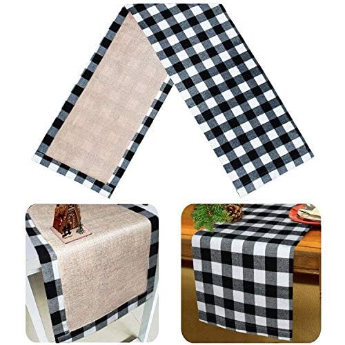 Senneny 14 x 108 Inch Reversible Black and White Buffalo Plaid Christmas Table Runner