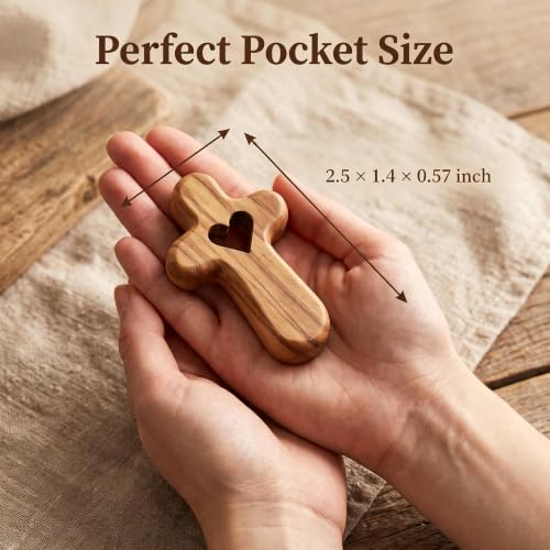 YOYAI 2.5-Inch Olive Wood Prayer Cross with Heart Cutout - Handheld Clinging Cross, Style B