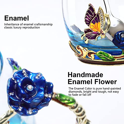 DUMVOIN Blue Enamel Flower Glass Coffee Mug Set with Spoons - Tea & Gift Set for Women & Tea Lovers
