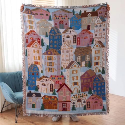 Christmas House Woven Throw Blanket 50x60 Inches with Holiday Village Design - CrystalSylara