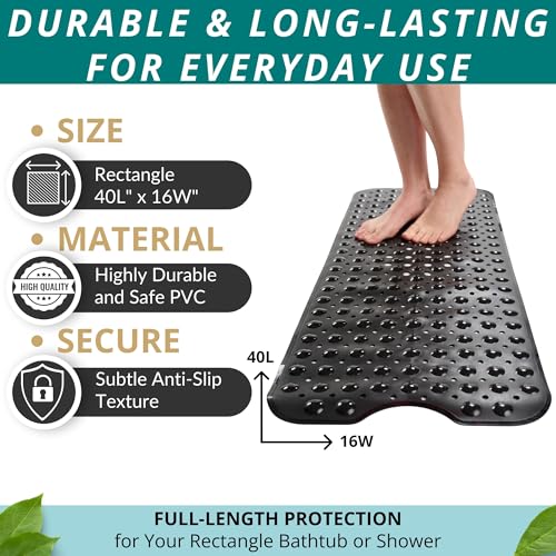 Extra Long Non-Slip Bath Mat - 40x16 Inch Durable PVC Shower Mat, Black