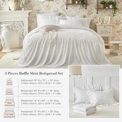 Queen White Ruffle Skirt Bedspread Set - 3-Piece Vintage Boho Quilt Coverlet