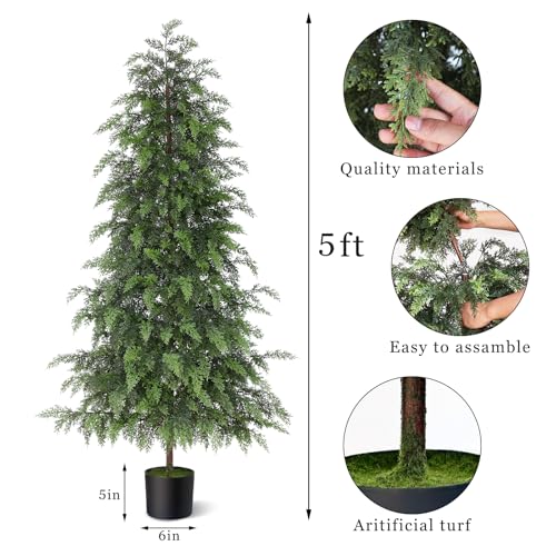 5ft Artificial Cedar Trees, Set of 2 UV-Resistant Potted Faux Pine Plants