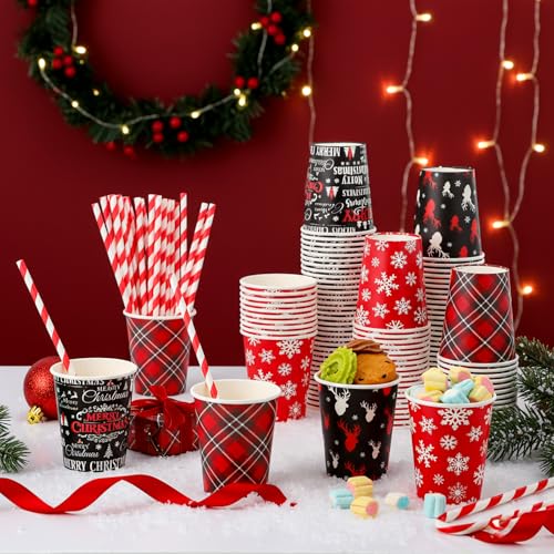 FoldTier 240-Count Classic 9 oz Christmas Hot Cocoa Cups with 240 Straws – Includes Festive Designs