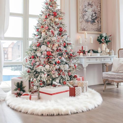 White Plush Christmas Tree Skirt - 36 Inch Soft Wool Fur Holiday Decor