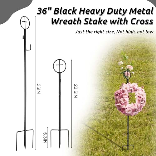 2 Pack Black Wreath Stakes 36-Inch Cemetery Wreath Stand with Cross - Adjustable Height