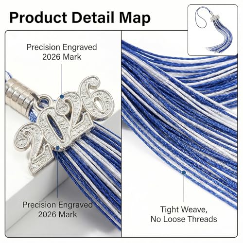 2026 Graduation Tassel with Gold Year Charm - Blue and White Cap Accessory