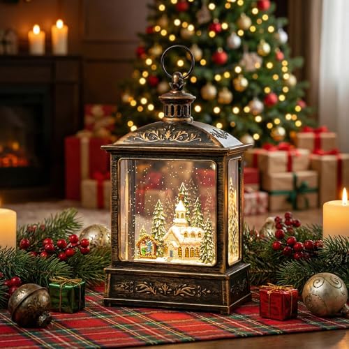 VISFLAIR 12.5'' Church Nativity Snow Globe Lantern with Music & Swirling Glitter