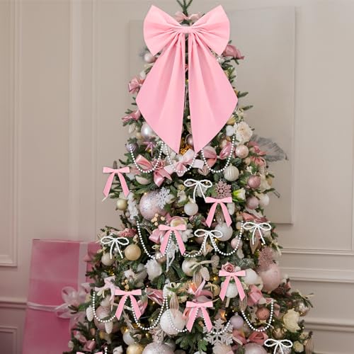 Pink Pearl Christmas Tree Decorations Set 31 Pcs with Velvet Bows, Pearls & Tree Skirt