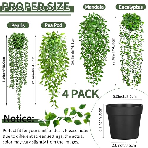 4 Pack Artificial Hanging Plants with Pots, UV Resistant Faux Greenery Set