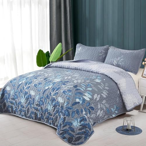 Blue Floral Quilt Set Twin - Soft Microfiber Summer Bedding
