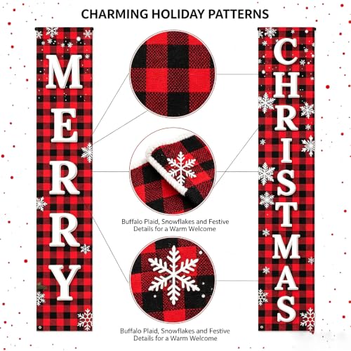 ChunRun Red Buffalo Plaid Christmas Porch Banner Set (2) 71" x 12" - Merry Christmas Outdoor Decor, Front Door & Yard