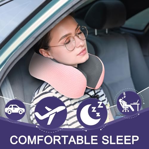 Memory Foam Travel Neck Pillow with Sleep Mask & Earplugs - Pink Striped
