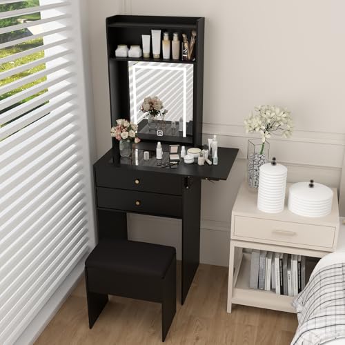 Small Vanity Desk with LED Mirror, Storage Stool & Foldable Side Panel
