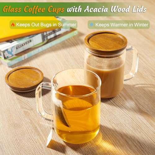 DRASTAR 20 oz Glass Coffee Mug Set with Acacia Wood Lids – Large Handle Tea & Latte Cups, Pack of 2