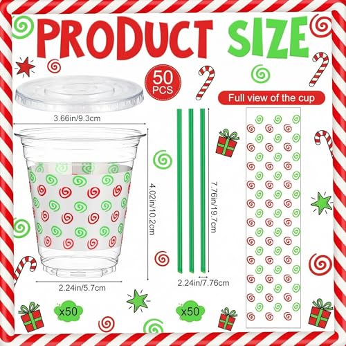Sliner Classic 50 Pack Christmas Plastic Cups with Lids & Straws 12oz - Lime Green & Red