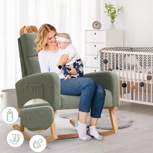 Bouclé Nursery Rocking Chair with Side Pocket, Modern Upholstered Glider